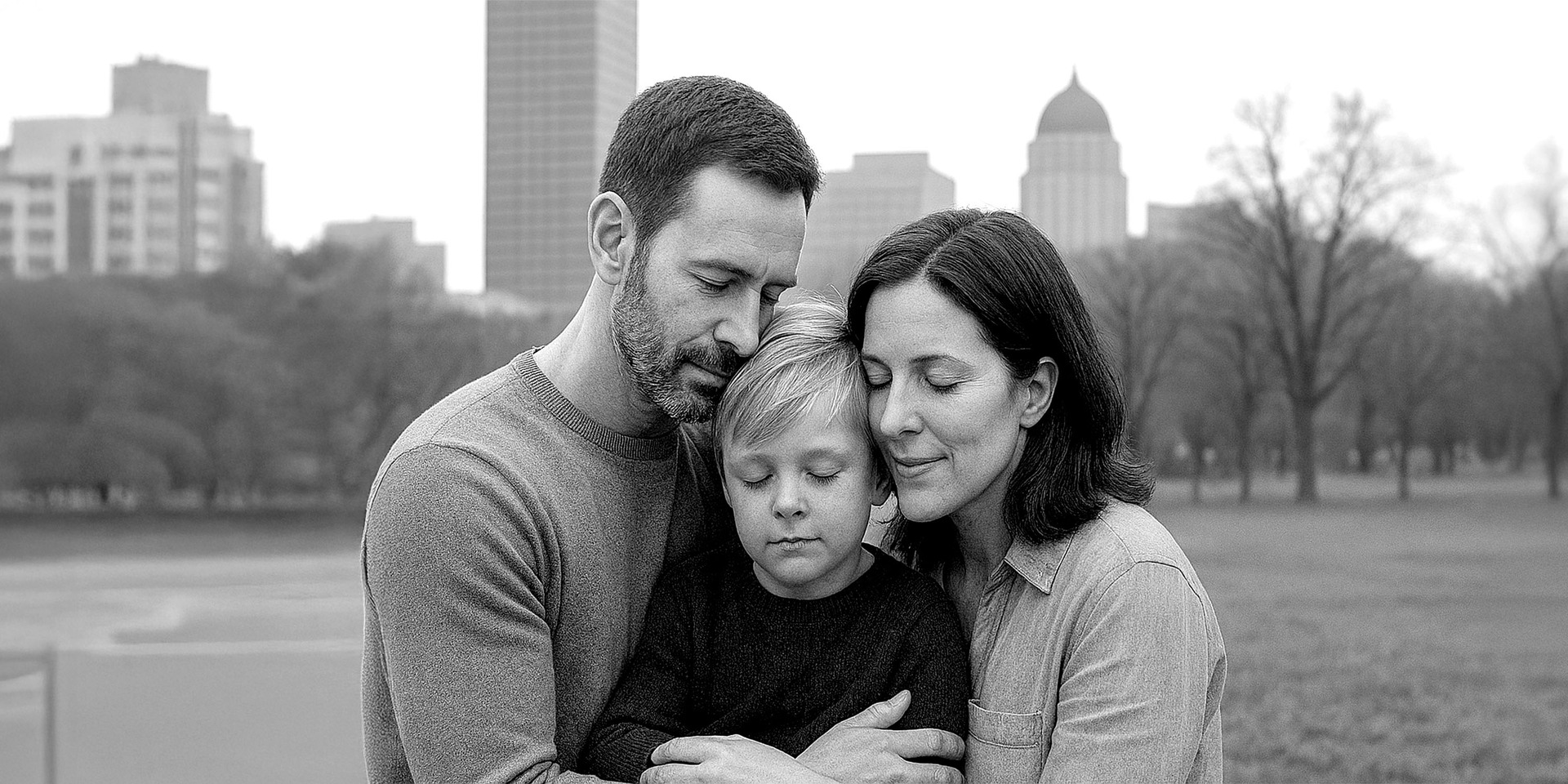 Rodzina – ojciec, matka i dziecko – przytula się na tle miejskiego parku.