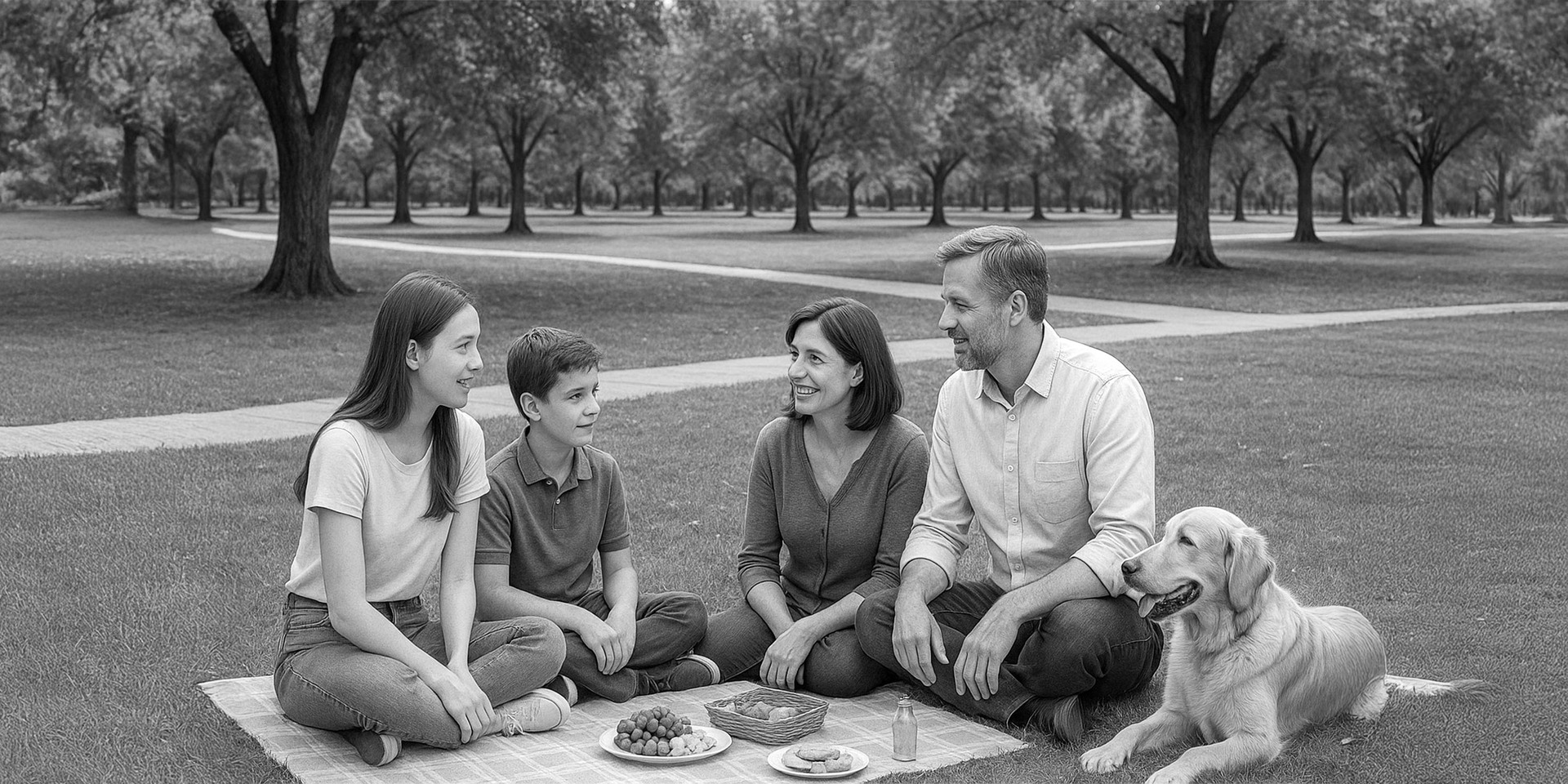 Rodzina z dwójką dzieci i psem spędza czas na pikniku w parku.