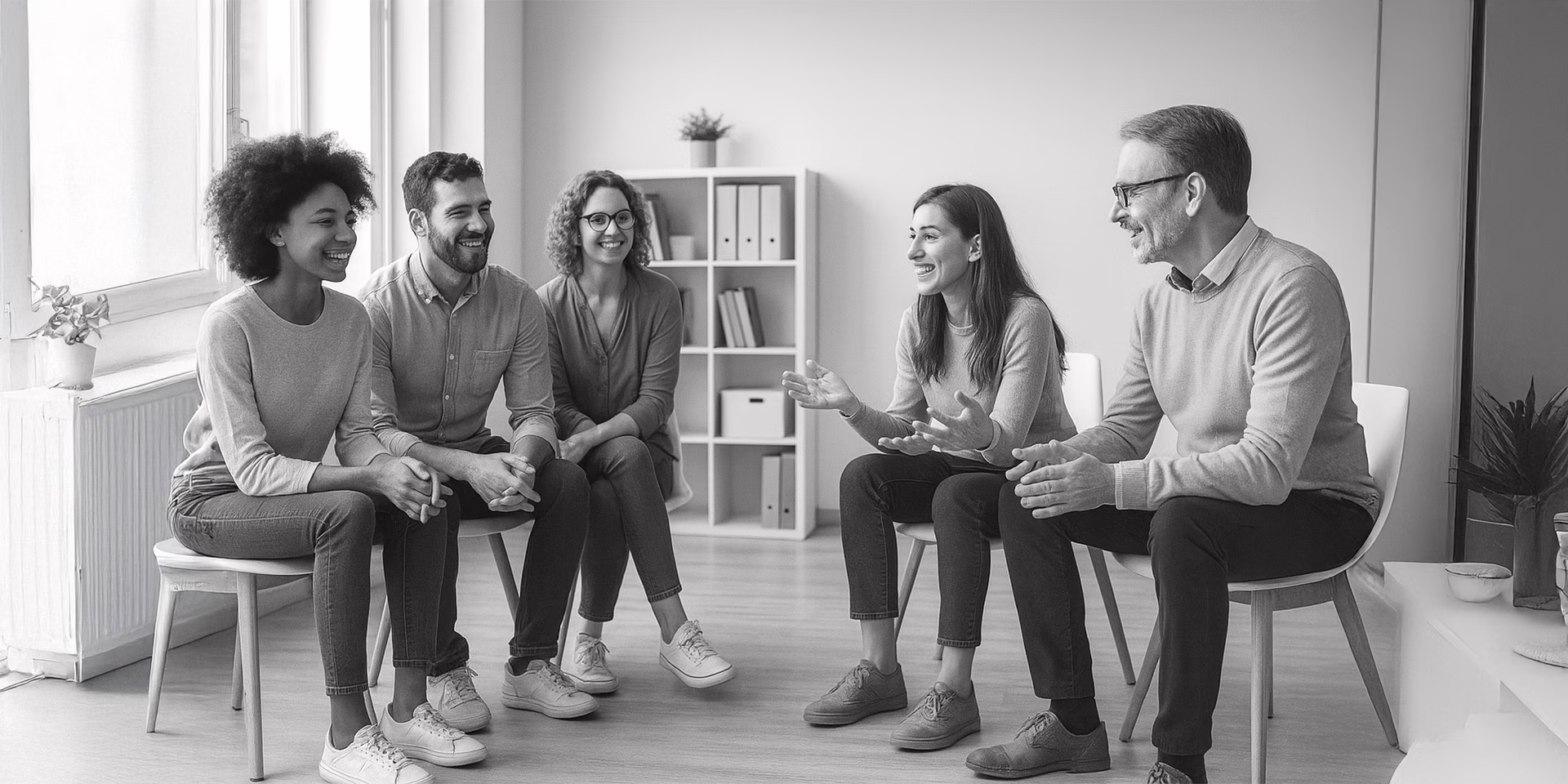 Dorośli siedzą na krzesłach i rozmawiają w kole