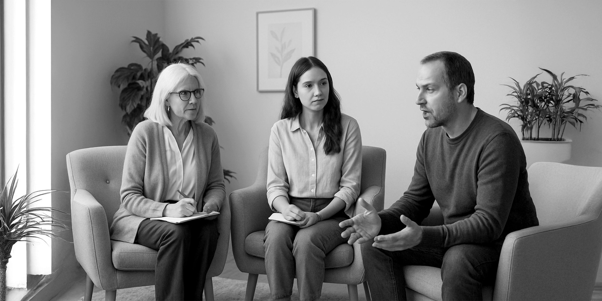 Trzy osoby siedzą w fotelach podczas rozmowy w spokojnym gabinecie.
