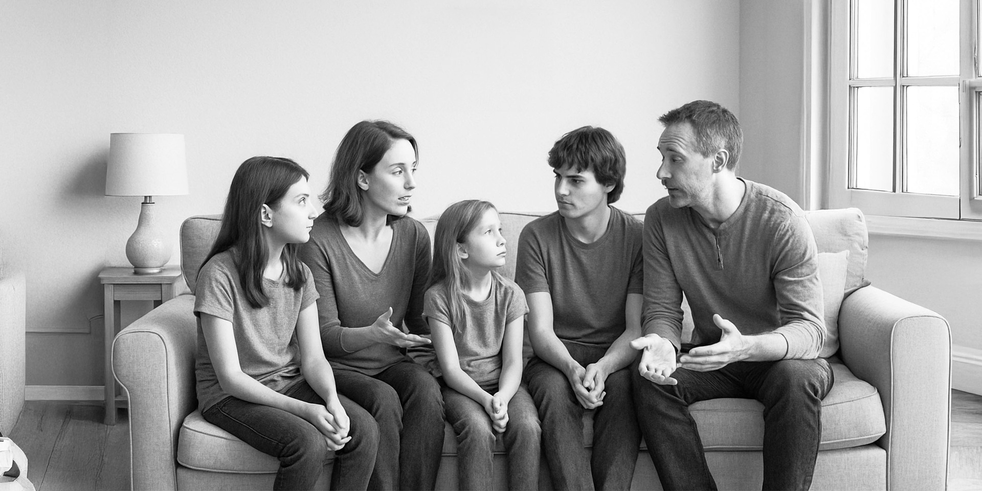 Rodzina siedzi na kanapie i prowadzi poważną rozmowę.