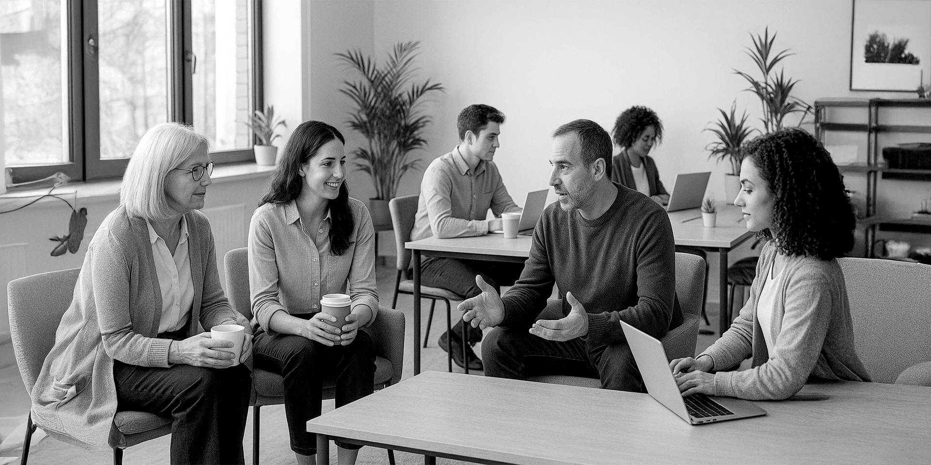 Grupa osób podczas rozmowy w sali z laptopami i kawą.