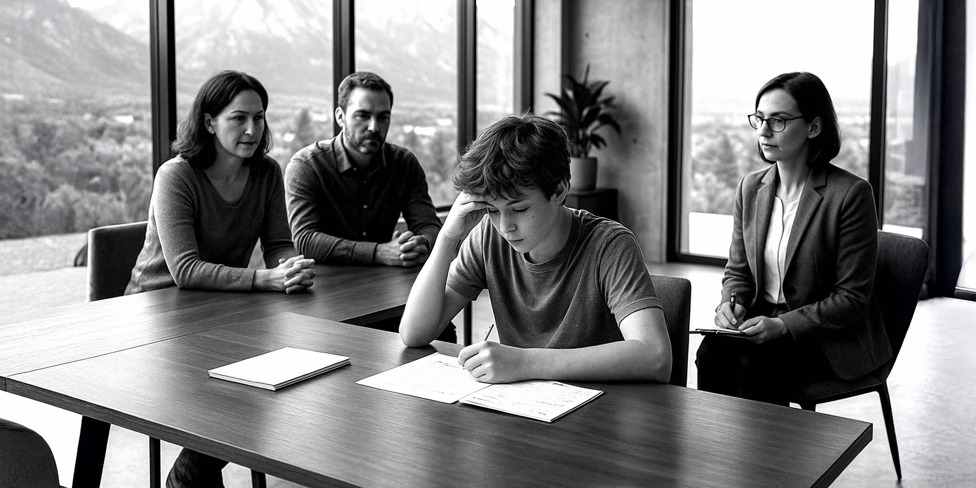 Dziecko piszące w zeszycie a w tle gniewający się dorośli