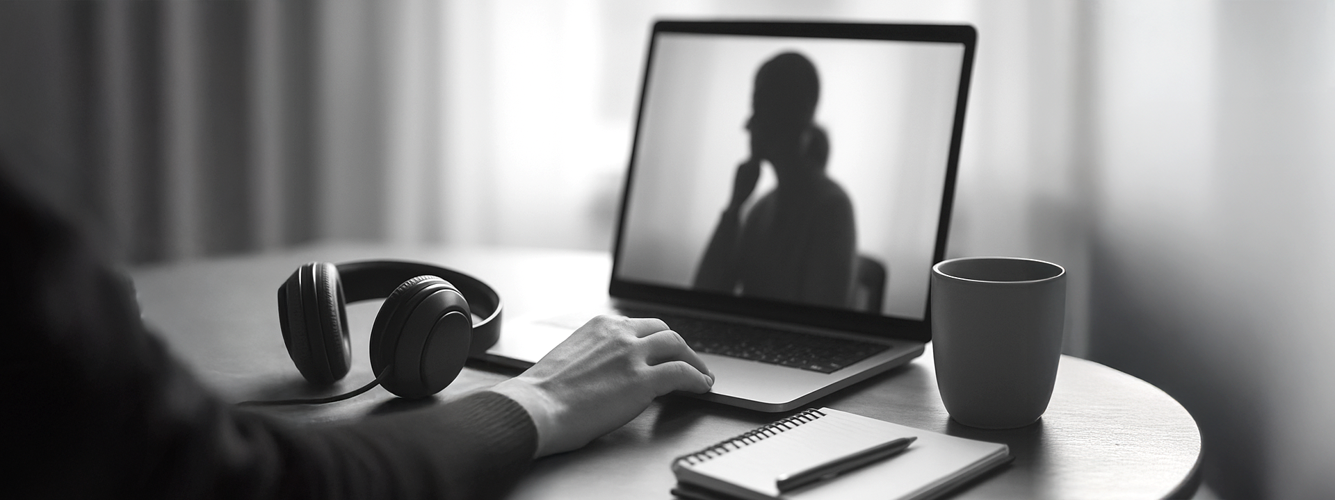 Film na laptopie, słuchawki, notatki, kubek